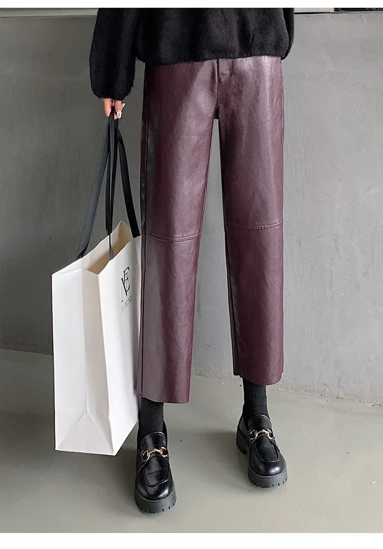 Autumn Winter Women's Leather Trousers High Waist Loose black Brown Straight Leg Pants Classic pu Faux Leather Pants for Women