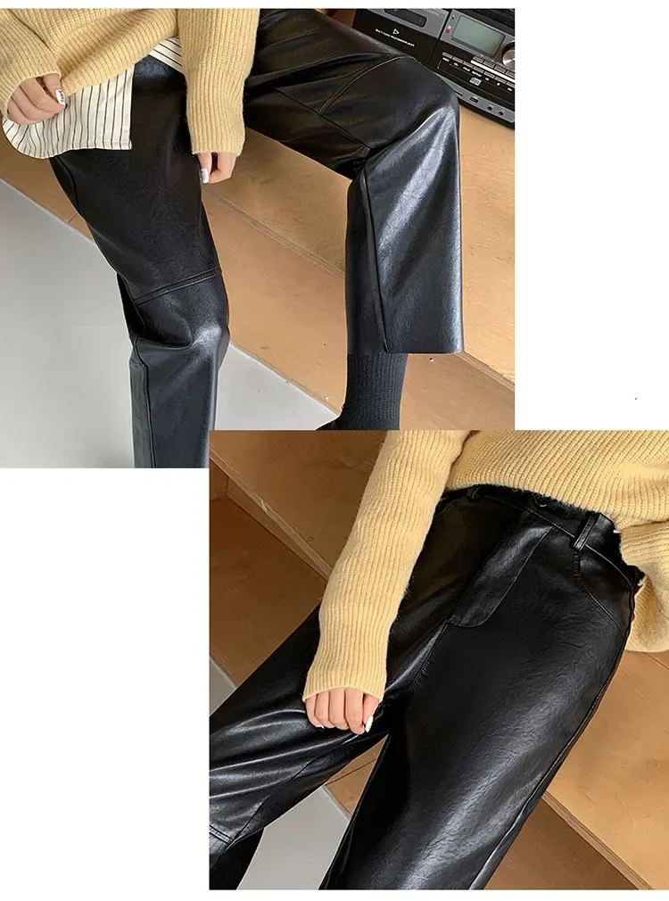 Autumn Winter Women's Leather Trousers High Waist Loose black Brown Straight Leg Pants Classic pu Faux Leather Pants for Women