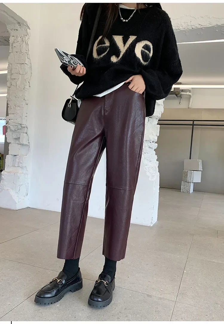 Autumn Winter Women's Leather Trousers High Waist Loose black Brown Straight Leg Pants Classic pu Faux Leather Pants for Women