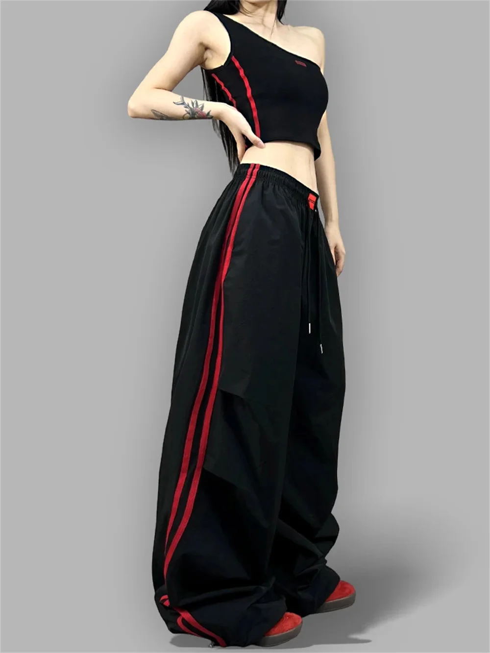 Baggy Wide Leg Track Pants Women Y2K Streetwear Red Stripe Elastic Waist Korean Casual Cargo Trousers Hip Hop Dance Gym Joggers