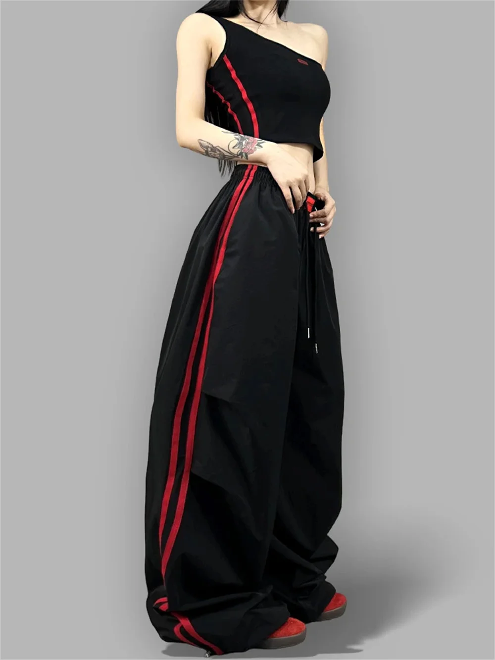 Baggy Wide Leg Track Pants Women Y2K Streetwear Red Stripe Elastic Waist Korean Casual Cargo Trousers Hip Hop Dance Gym Joggers