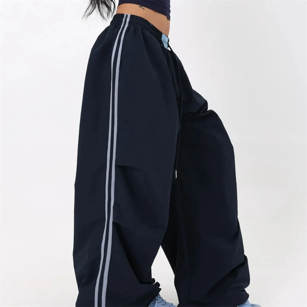 Baggy Wide Leg Track Pants Women Y2K Streetwear Red Stripe Elastic Waist Korean Casual Cargo Trousers Hip Hop Dance Gym Joggers