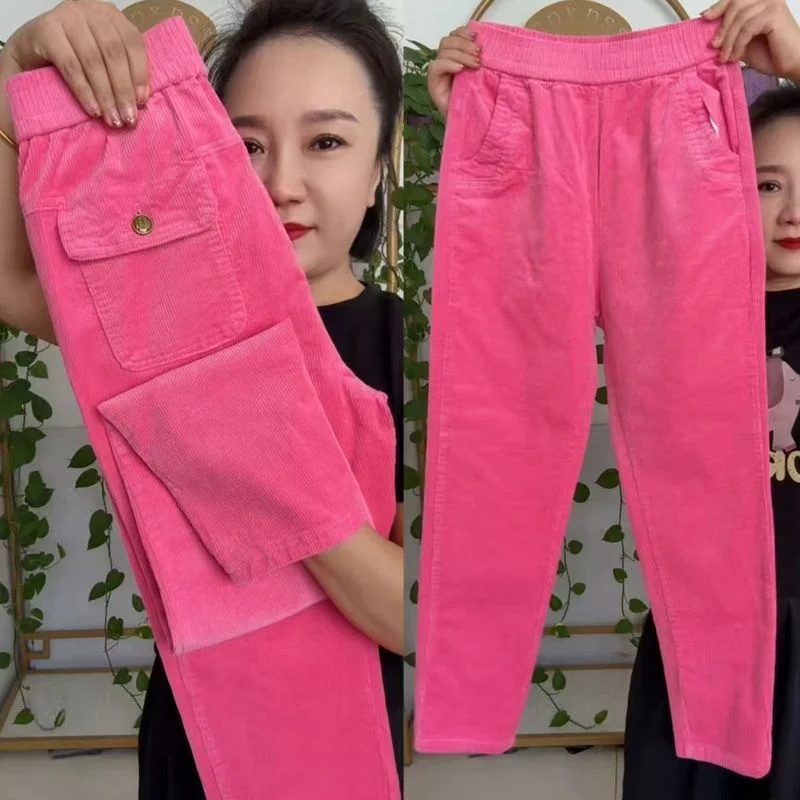 2026 New Korean Autumn Winter Corduroy Harem Pants Women Elastic High Waist Loose Solid Color Casual All-Match Female Trousers