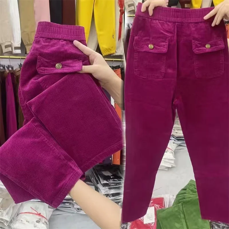 2026 New Korean Autumn Winter Corduroy Harem Pants Women Elastic High Waist Loose Solid Color Casual All-Match Female Trousers