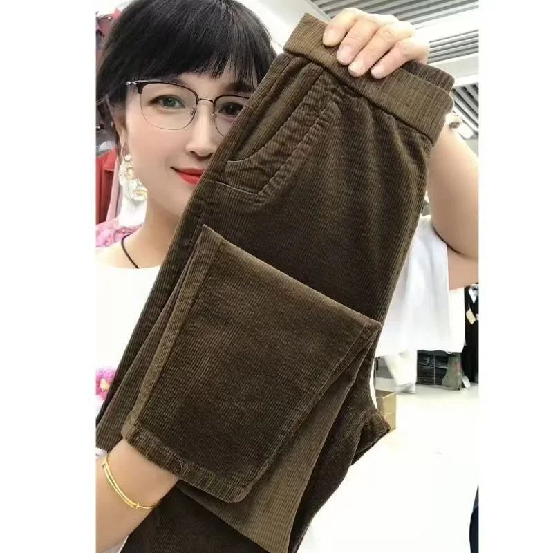 2026 New Korean Autumn Winter Corduroy Harem Pants Women Elastic High Waist Loose Solid Color Casual All-Match Female Trousers