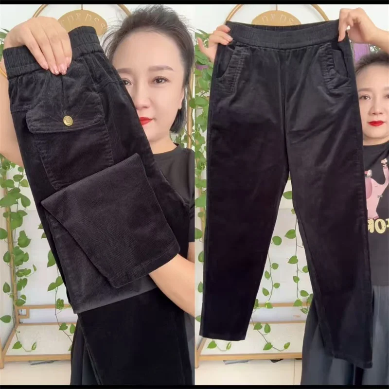 2026 New Korean Autumn Winter Corduroy Harem Pants Women Elastic High Waist Loose Solid Color Casual All-Match Female Trousers