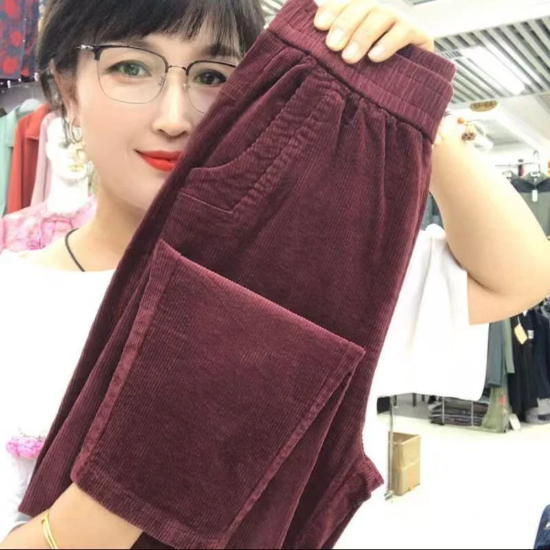 2026 New Korean Autumn Winter Corduroy Harem Pants Women Elastic High Waist Loose Solid Color Casual All-Match Female Trousers
