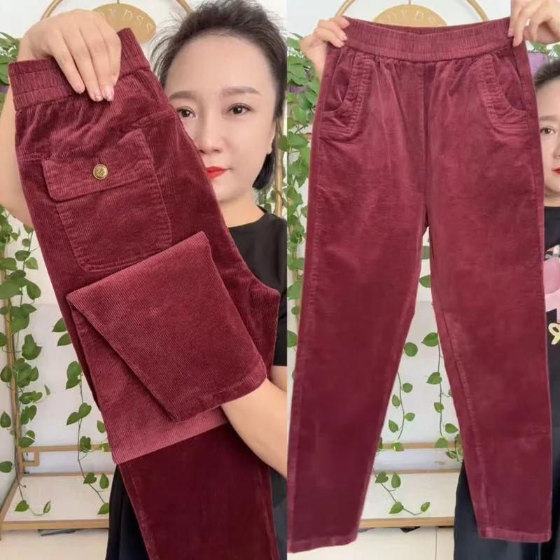 2026 New Korean Autumn Winter Corduroy Harem Pants Women Elastic High Waist Loose Solid Color Casual All-Match Female Trousers