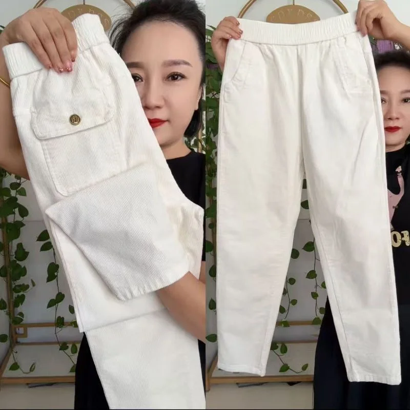 2026 New Korean Autumn Winter Corduroy Harem Pants Women Elastic High Waist Loose Solid Color Casual All-Match Female Trousers
