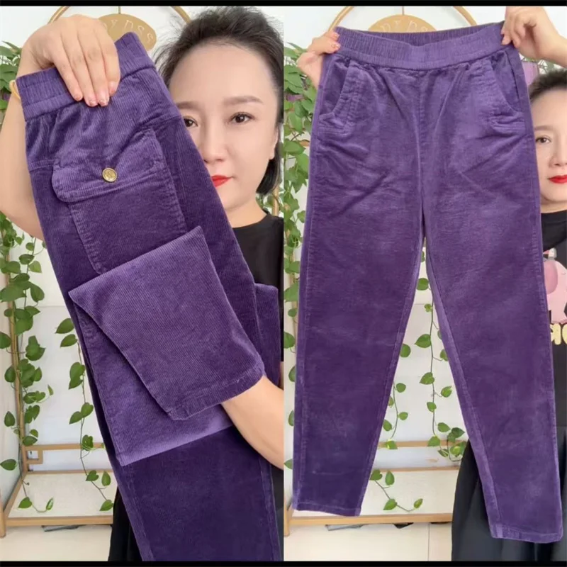 2026 New Korean Autumn Winter Corduroy Harem Pants Women Elastic High Waist Loose Solid Color Casual All-Match Female Trousers