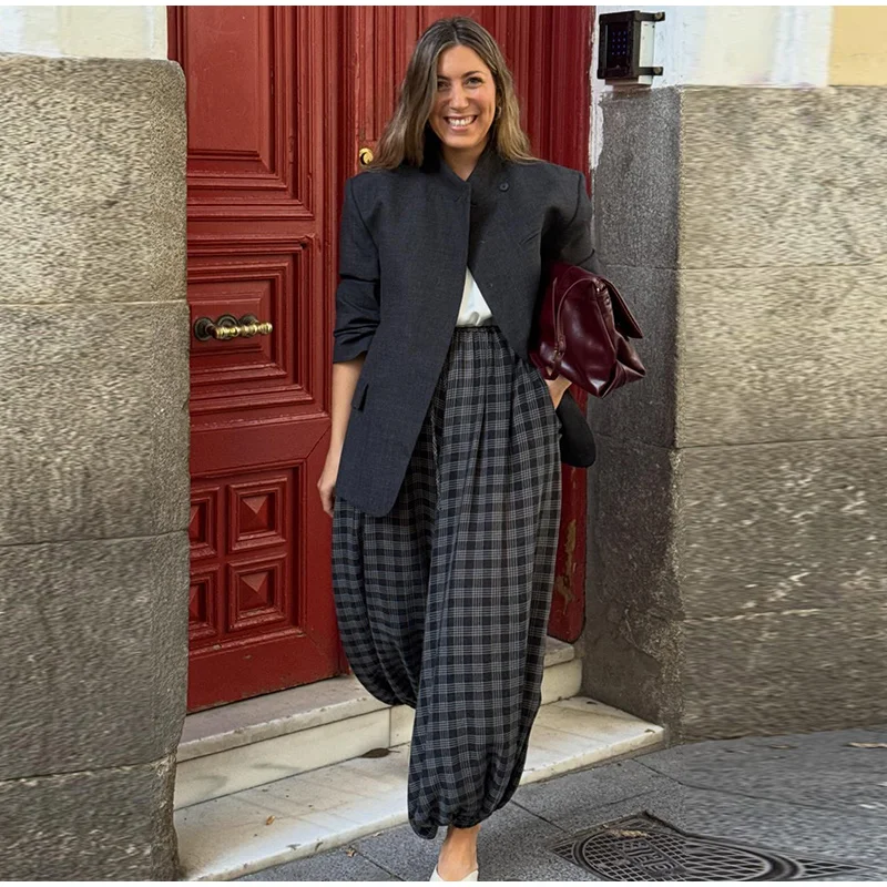 Casual Plaid Print Pants Women Fashion Checked Pleated Elastic Waist Loose Trousers 2026 Spring Summer Chic Street Lady Clothing
