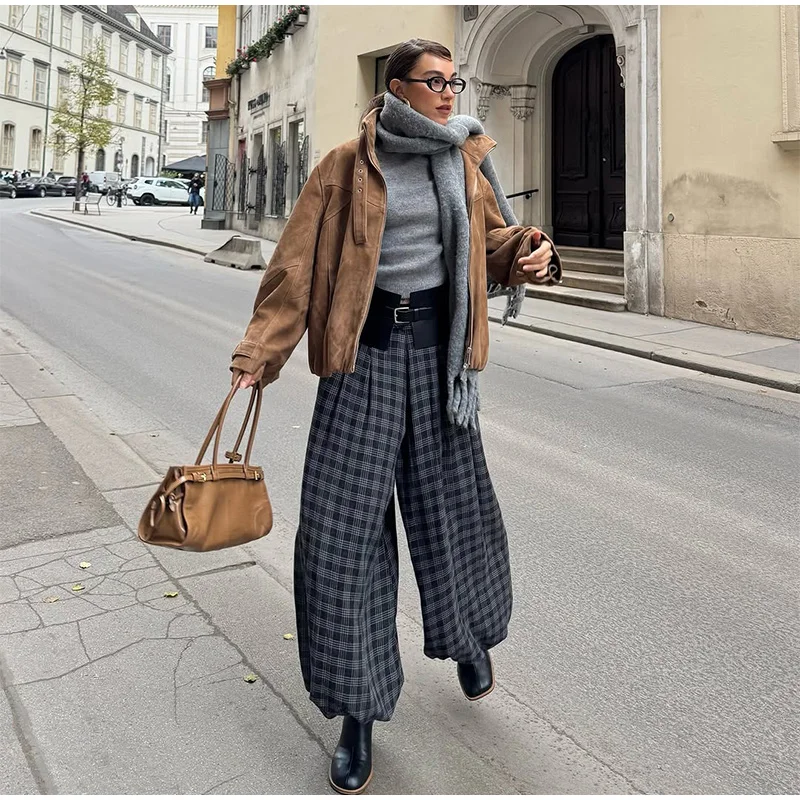 Casual Plaid Print Pants Women Fashion Checked Pleated Elastic Waist Loose Trousers 2026 Spring Summer Chic Street Lady Clothing