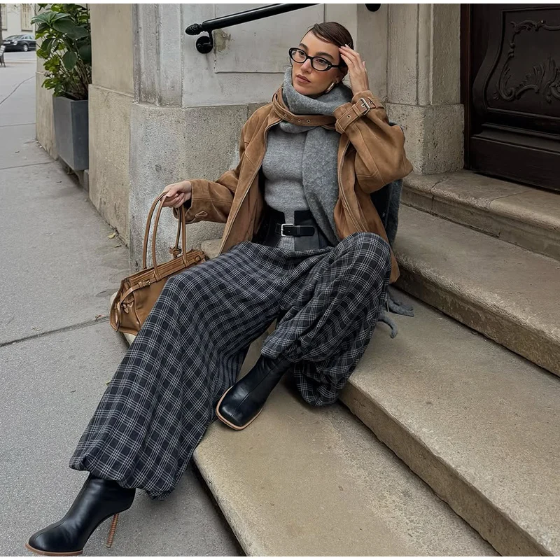Casual Plaid Print Pants Women Fashion Checked Pleated Elastic Waist Loose Trousers 2026 Spring Summer Chic Street Lady Clothing