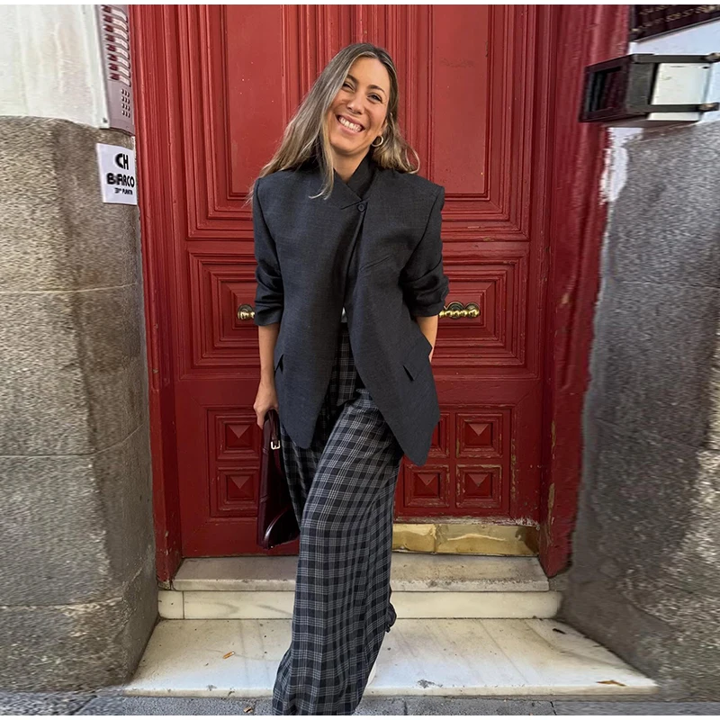 Casual Plaid Print Pants Women Fashion Checked Pleated Elastic Waist Loose Trousers 2026 Spring Summer Chic Street Lady Clothing