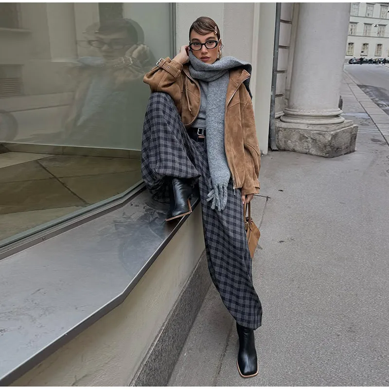 Casual Plaid Print Pants Women Fashion Checked Pleated Elastic Waist Loose Trousers 2026 Spring Summer Chic Street Lady Clothing