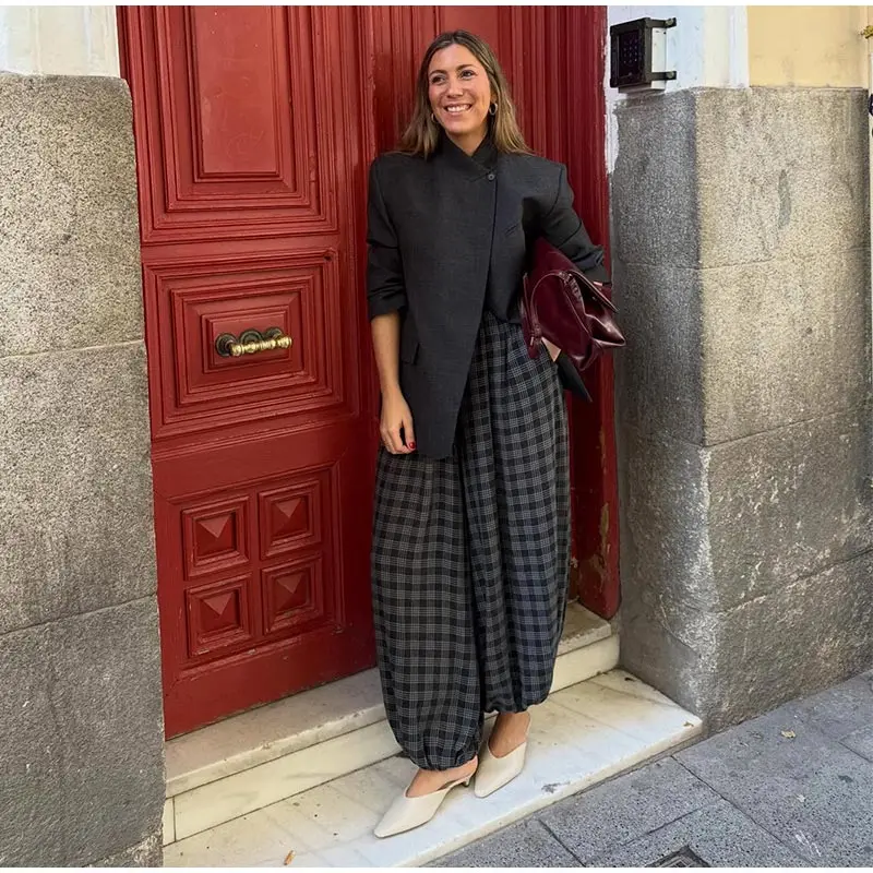 Casual Plaid Print Pants Women Fashion Checked Pleated Elastic Waist Loose Trousers 2026 Spring Summer Chic Street Lady Clothing