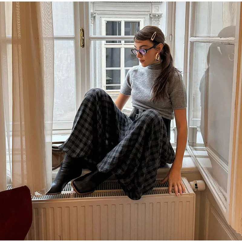 Casual Plaid Print Pants Women Fashion Checked Pleated Elastic Waist Loose Trousers 2026 Spring Summer Chic Street Lady Clothing