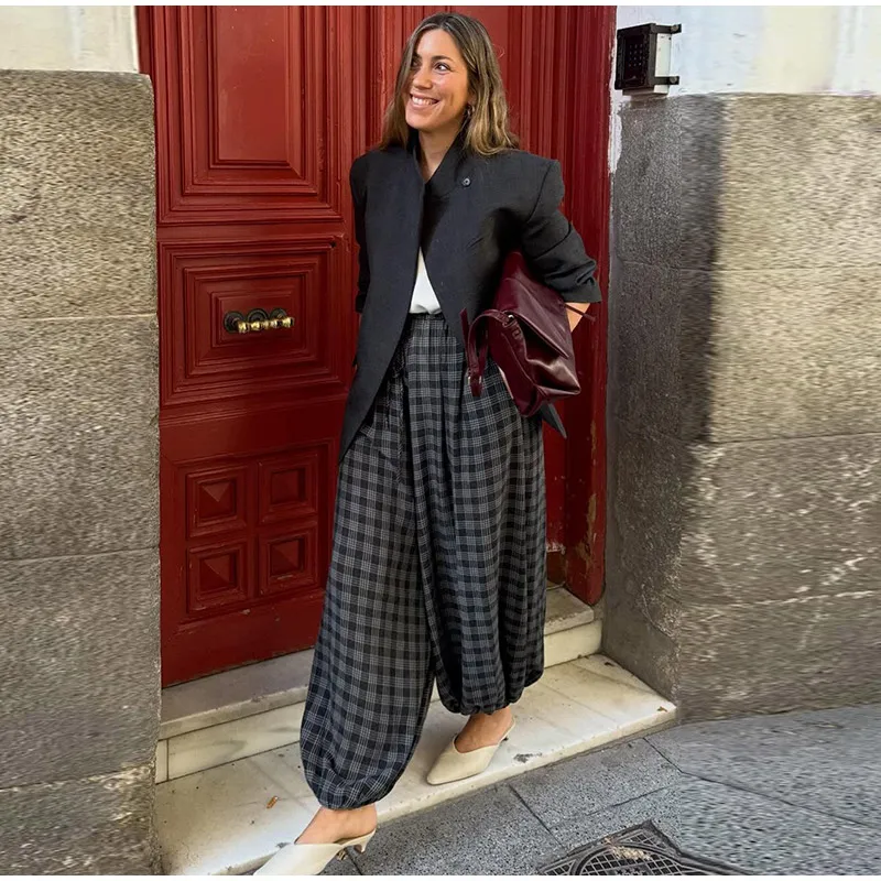 Casual Plaid Print Pants Women Fashion Checked Pleated Elastic Waist Loose Trousers 2026 Spring Summer Chic Street Lady Clothing