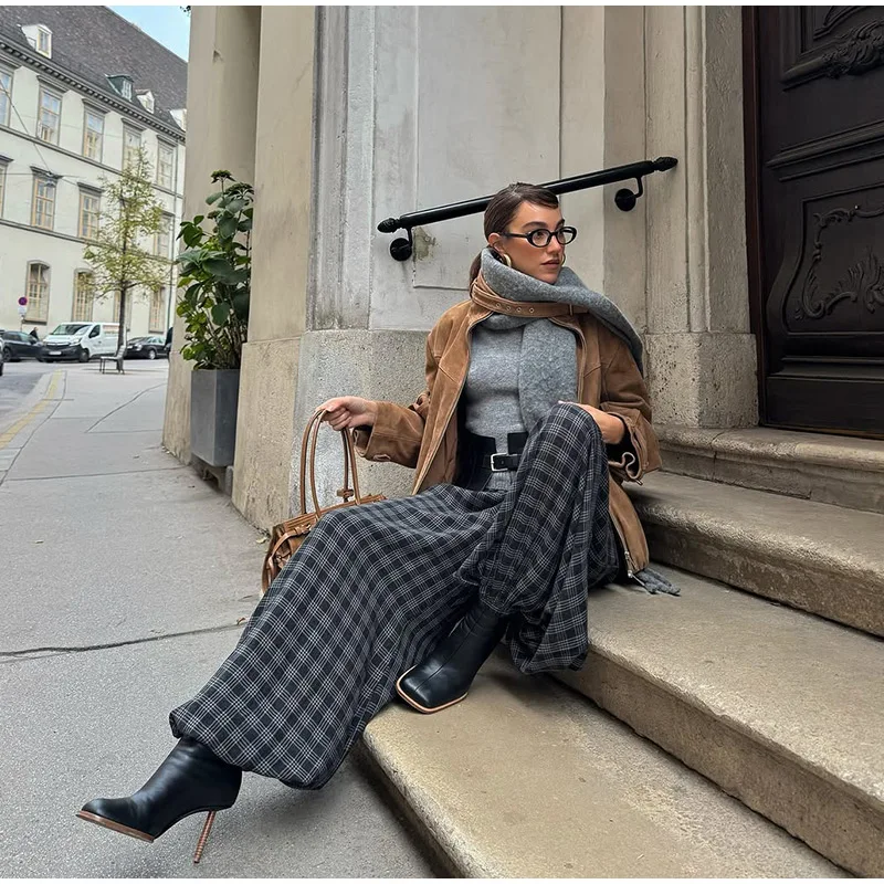 Casual Plaid Print Pants Women Fashion Checked Pleated Elastic Waist Loose Trousers 2026 Spring Summer Chic Street Lady Clothing