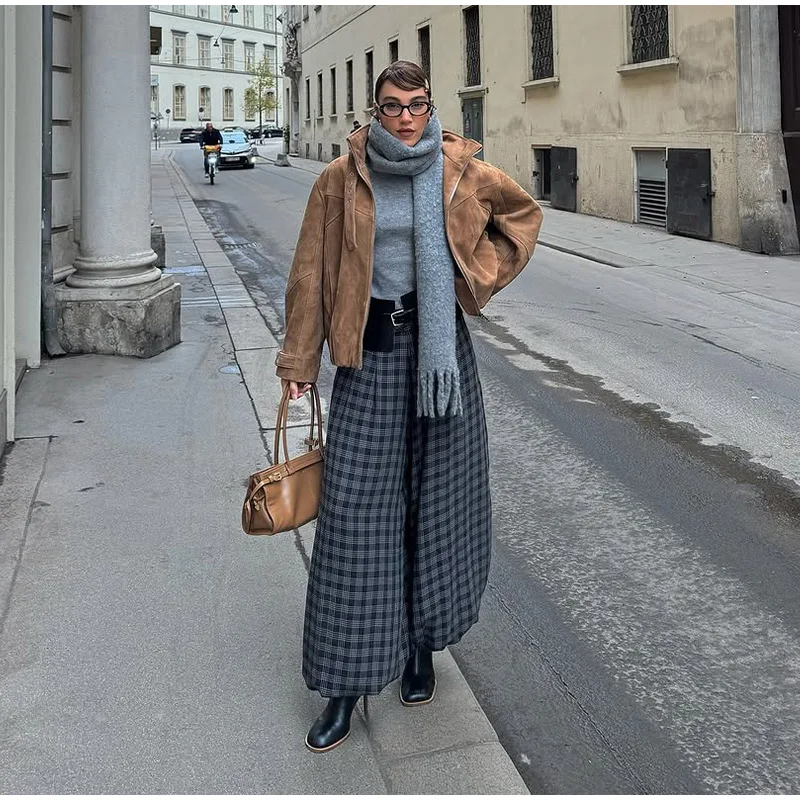 Casual Plaid Print Pants Women Fashion Checked Pleated Elastic Waist Loose Trousers 2026 Spring Summer Chic Street Lady Clothing