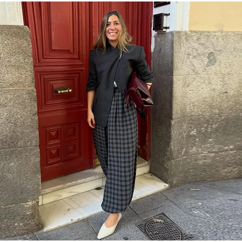 Casual Plaid Print Pants Women Fashion Checked Pleated Elastic Waist Loose Trousers 2026 Spring Summer Chic Street Lady Clothing