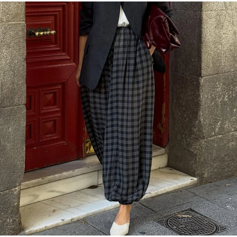 Casual Plaid Print Pants Women Fashion Checked Pleated Elastic Waist Loose Trousers 2026 Spring Summer Chic Street Lady Clothing