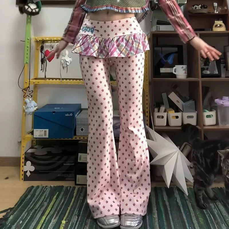 Aoaiiys Harajuku Pants for Women Kawaii Fake Two Piece Wide Leg Trousers Sweet Pink Star Waist Skirts Pants Spring Summer New