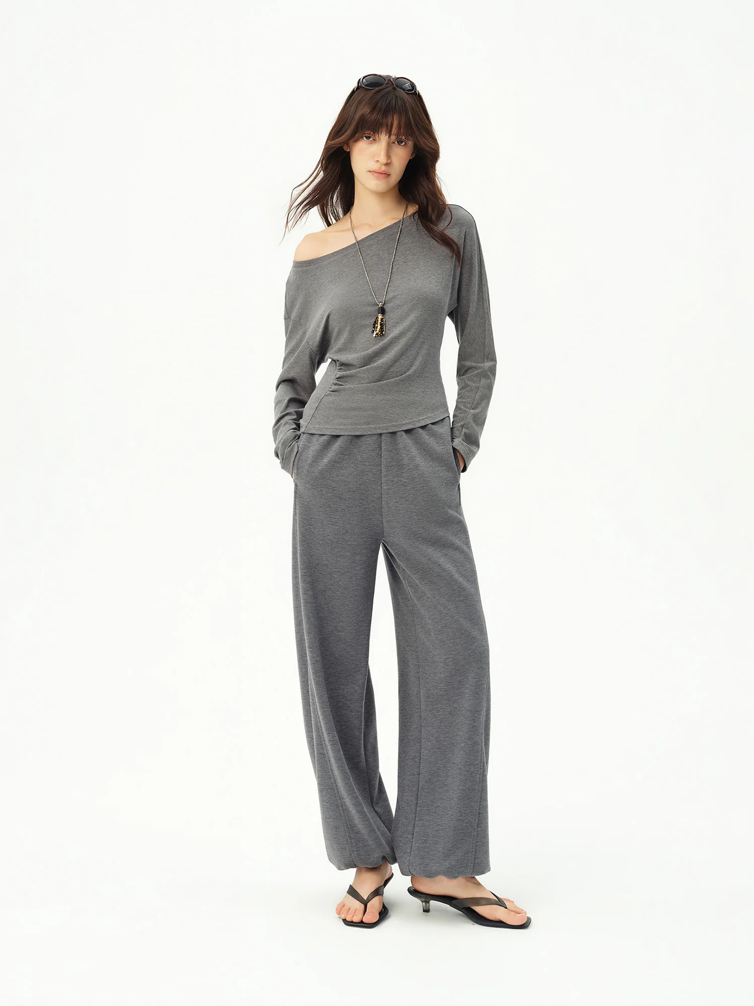 ZIQIAO 2026 Fall Women's Effortless Relaxed High Waist Wool Knit Pants with Diagonal Seam - Chic Casual Trousers for Daily Wear