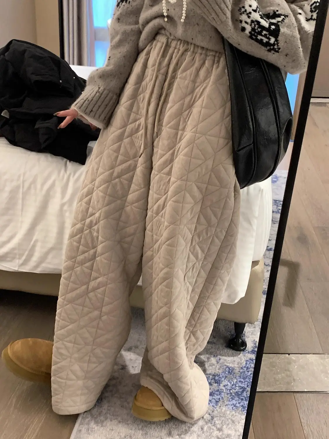 Casual Cotton Pants Women Korean Style Khaki Oversize Warm Wide Leg Trousers Vintage Black Winter Solid Loose Pants