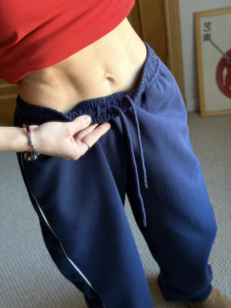 Women Sweatpants Cotton Red Side Striped Sports Pants Straight Elastic Waist Pants For Women Navy Blue Sweatpants With Stripe