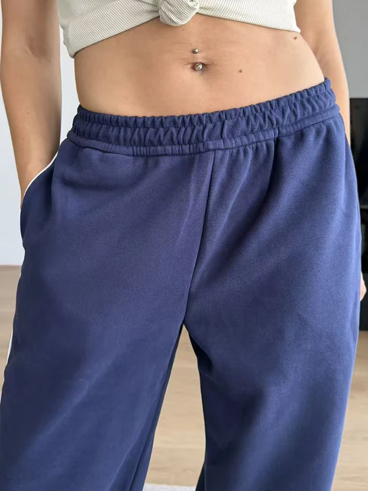 Women Sweatpants Cotton Red Side Striped Sports Pants Straight Elastic Waist Pants For Women Navy Blue Sweatpants With Stripe