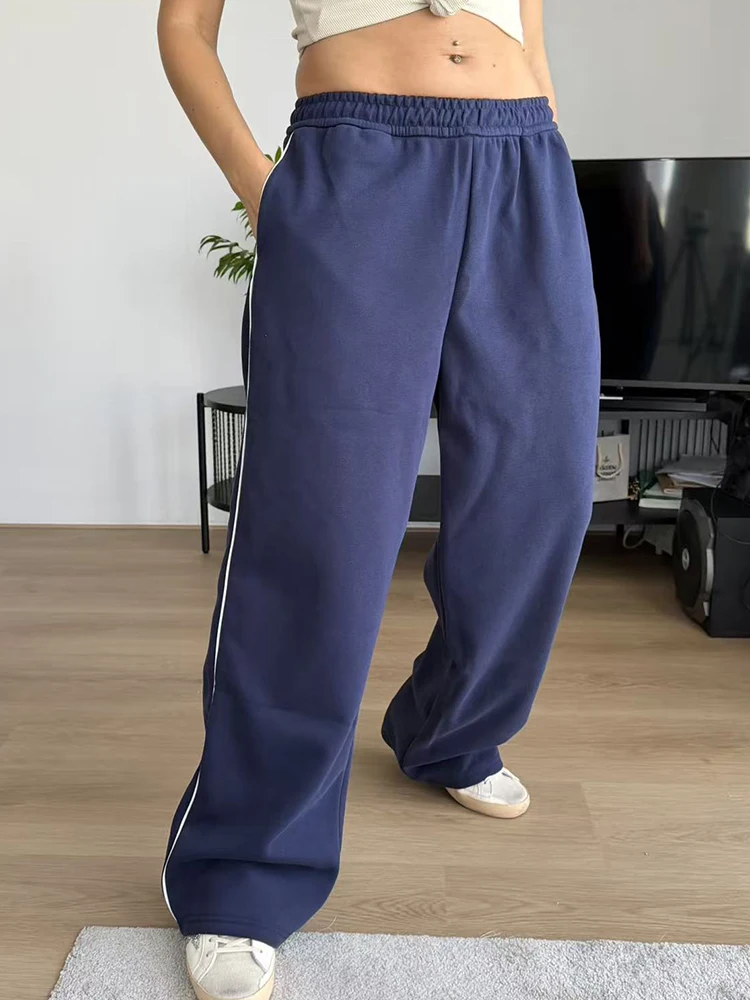 Women Sweatpants Cotton Red Side Striped Sports Pants Straight Elastic Waist Pants For Women Navy Blue Sweatpants With Stripe