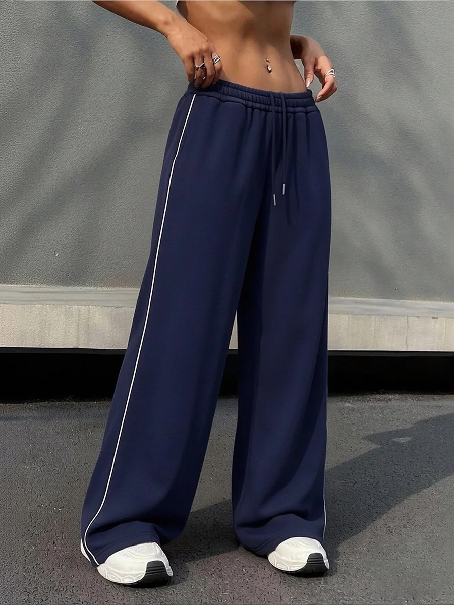 Women Sweatpants Cotton Red Side Striped Sports Pants Straight Elastic Waist Pants For Women Navy Blue Sweatpants With Stripe