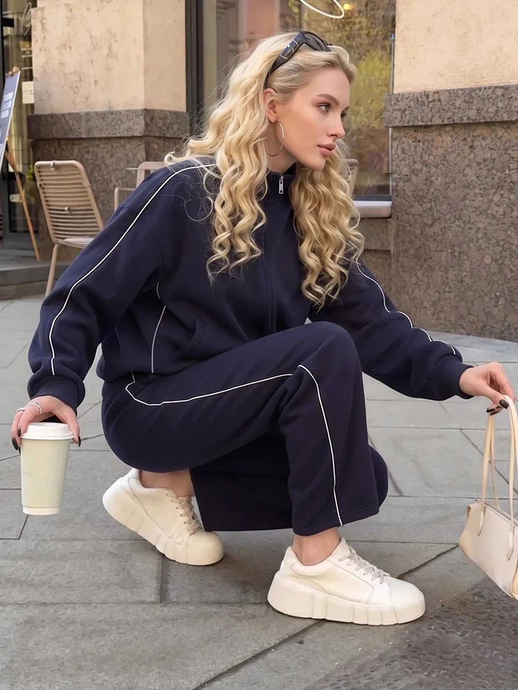 Women Sweatpants Cotton Red Side Striped Sports Pants Straight Elastic Waist Pants For Women Navy Blue Sweatpants With Stripe