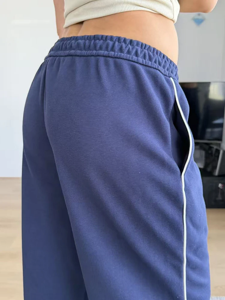Women Sweatpants Cotton Red Side Striped Sports Pants Straight Elastic Waist Pants For Women Navy Blue Sweatpants With Stripe