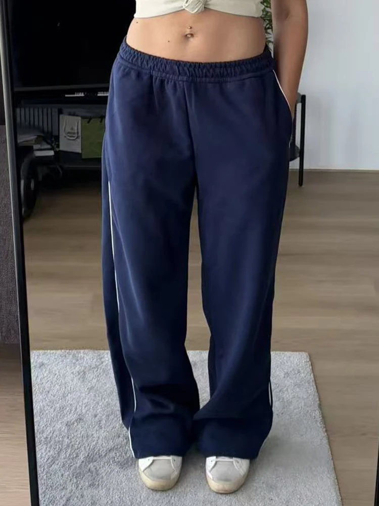 Women Sweatpants Cotton Red Side Striped Sports Pants Straight Elastic Waist Pants For Women Navy Blue Sweatpants With Stripe