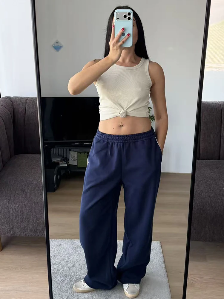 Women Sweatpants Cotton Red Side Striped Sports Pants Straight Elastic Waist Pants For Women Navy Blue Sweatpants With Stripe