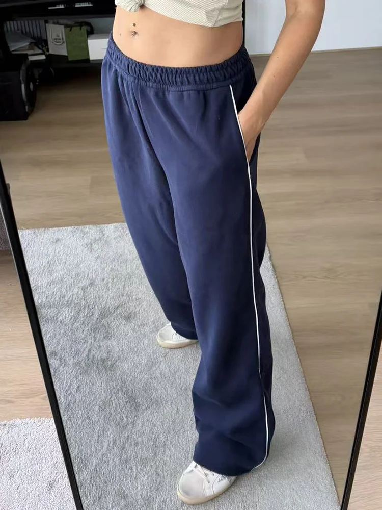 Women Sweatpants Cotton Red Side Striped Sports Pants Straight Elastic Waist Pants For Women Navy Blue Sweatpants With Stripe