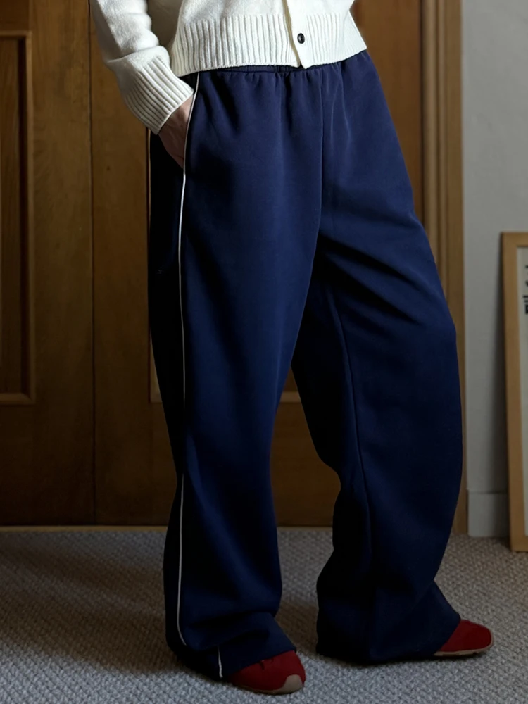 Women Sweatpants Cotton Red Side Striped Sports Pants Straight Elastic Waist Pants For Women Navy Blue Sweatpants With Stripe