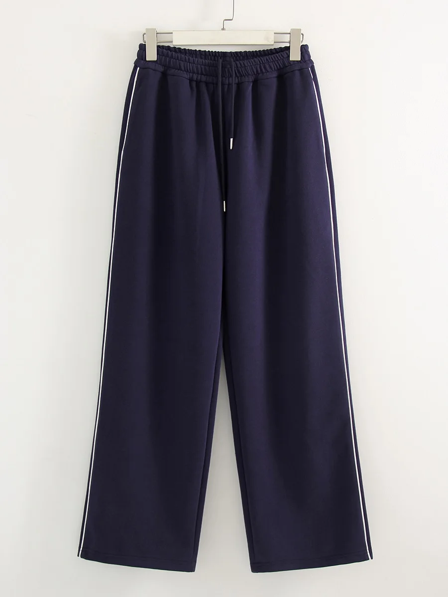 Women Sweatpants Cotton Red Side Striped Sports Pants Straight Elastic Waist Pants For Women Navy Blue Sweatpants With Stripe