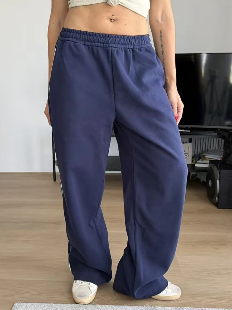 Women Sweatpants Cotton Red Side Striped Sports Pants Straight Elastic Waist Pants For Women Navy Blue Sweatpants With Stripe