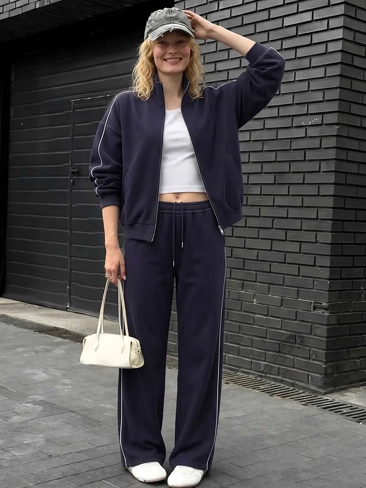 Women Sweatpants Cotton Red Side Striped Sports Pants Straight Elastic Waist Pants For Women Navy Blue Sweatpants With Stripe