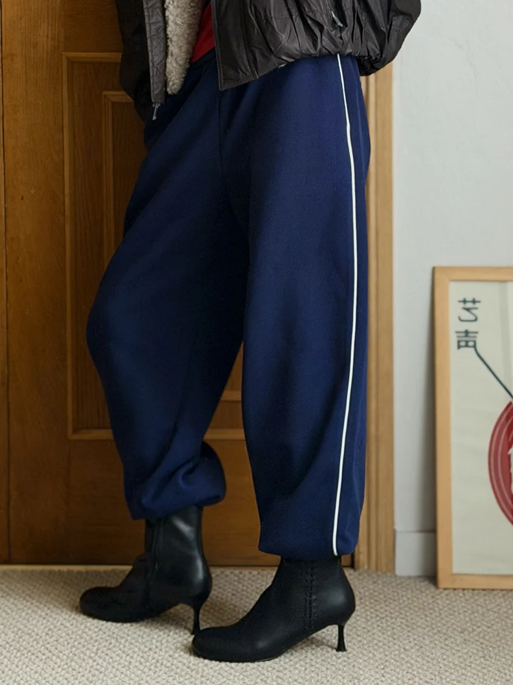 Women Sweatpants Cotton Red Side Striped Sports Pants Straight Elastic Waist Pants For Women Navy Blue Sweatpants With Stripe