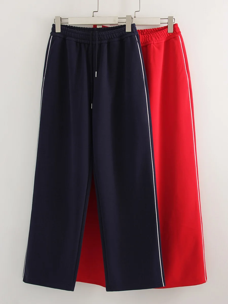Women Sweatpants Cotton Red Side Striped Sports Pants Straight Elastic Waist Pants For Women Navy Blue Sweatpants With Stripe