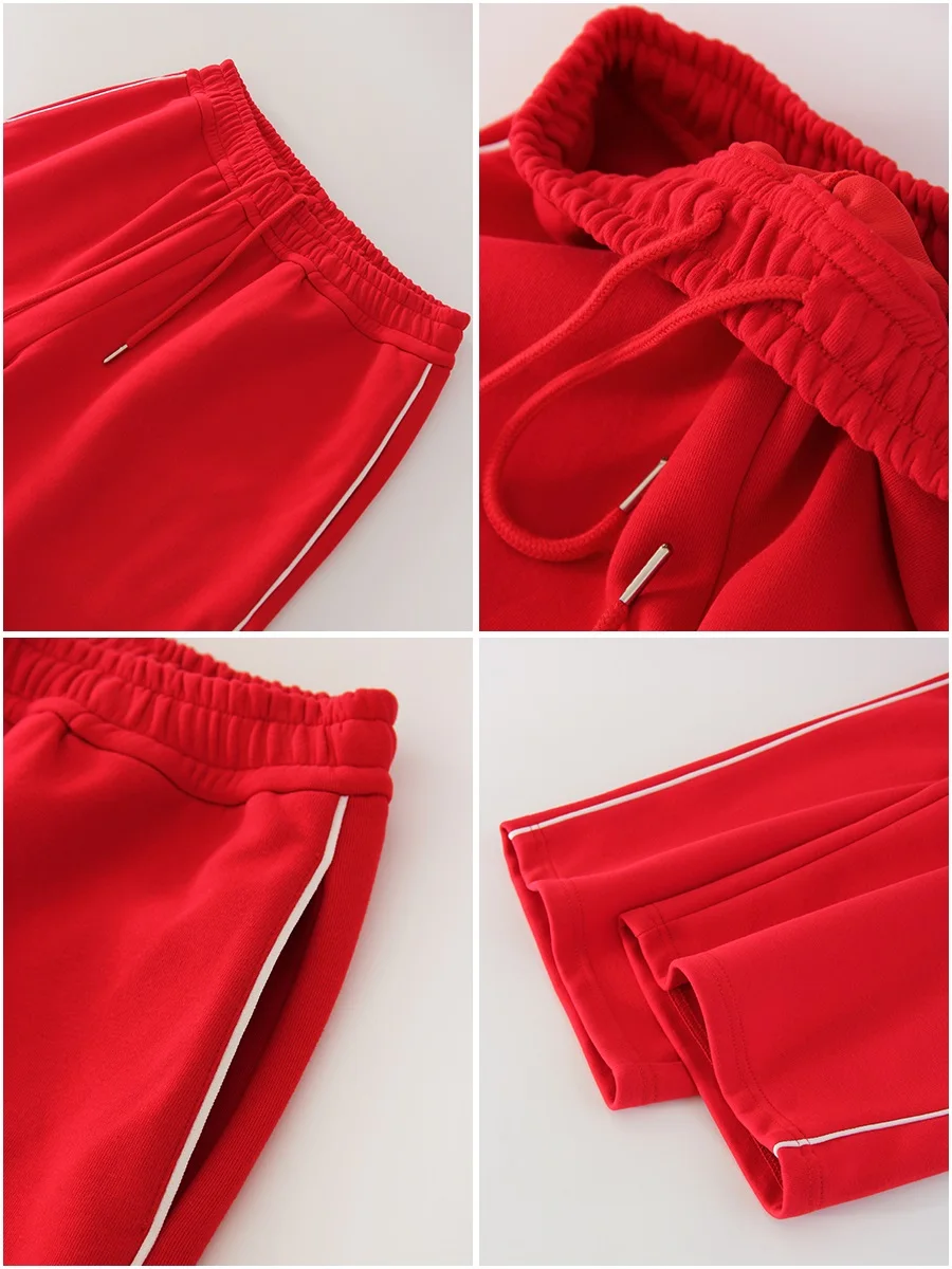 Women Sweatpants Cotton Red Side Striped Sports Pants Straight Elastic Waist Pants For Women Navy Blue Sweatpants With Stripe