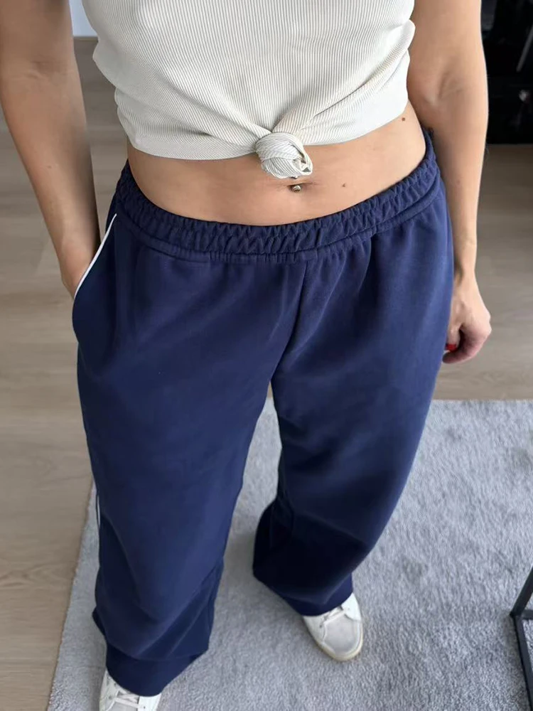 Women Sweatpants Cotton Red Side Striped Sports Pants Straight Elastic Waist Pants For Women Navy Blue Sweatpants With Stripe
