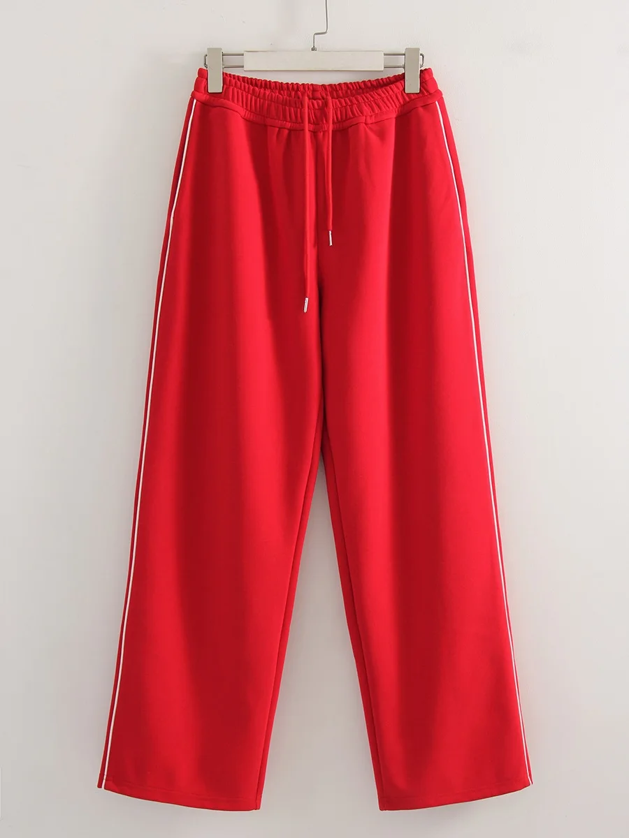 Women Sweatpants Cotton Red Side Striped Sports Pants Straight Elastic Waist Pants For Women Navy Blue Sweatpants With Stripe