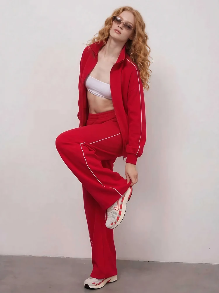 Women Sweatpants Cotton Red Side Striped Sports Pants Straight Elastic Waist Pants For Women Navy Blue Sweatpants With Stripe