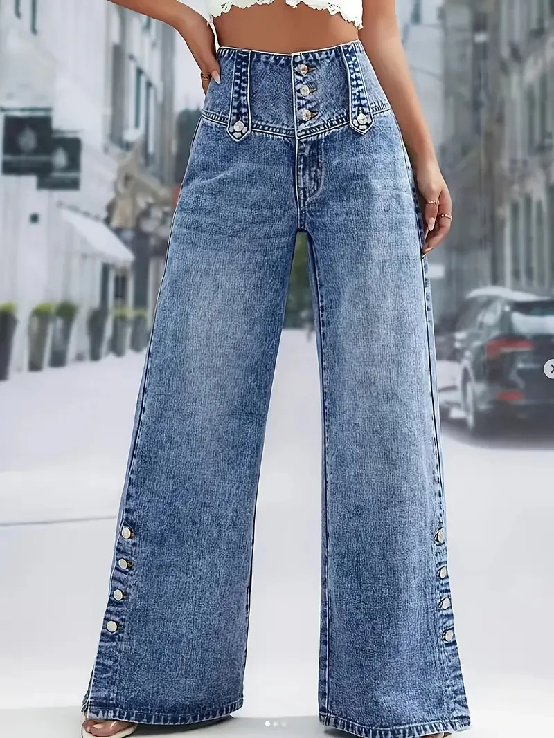 Women's Blue High Waist Wide Leg Jeans Fashion Multi Button Front Side Snap Detail Denim Pants Casual Outfit For Daily Dating
