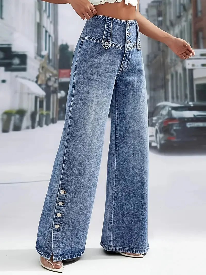 Women's Blue High Waist Wide Leg Jeans Fashion Multi Button Front Side Snap Detail Denim Pants Casual Outfit For Daily Dating